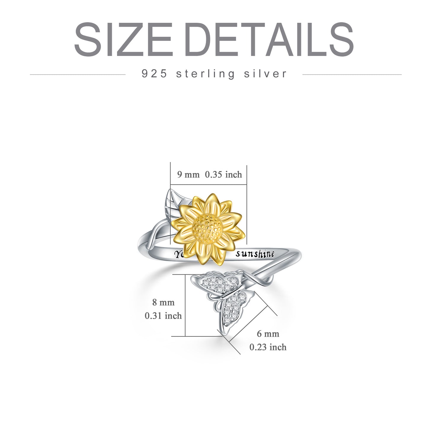 You Are My Sunshine Sunflower Butterfly Ring in Sterling Silver
