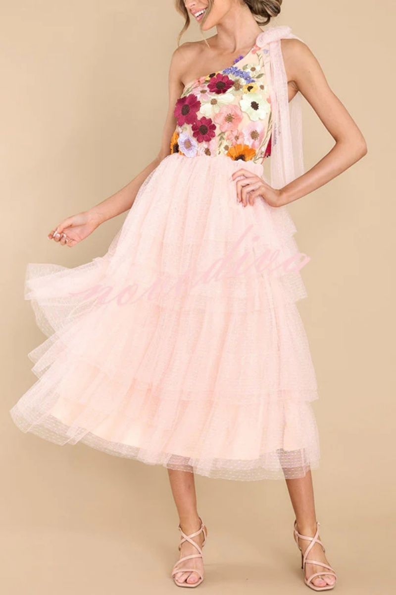 Spring And Summer European And American Women's Clothing Three-dimensional Flower Fashion Wide Hem Gauzy Sexy Dress