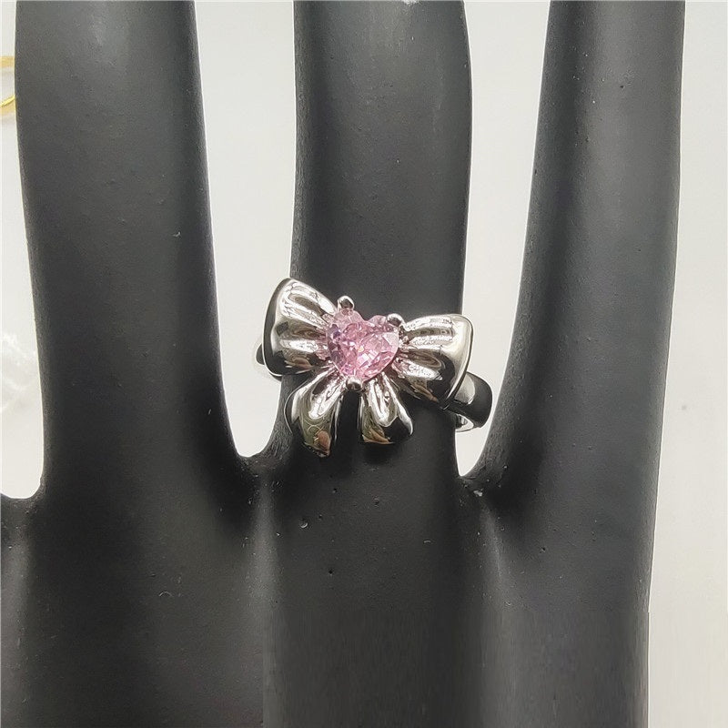 Emerald Heart-shaped Zircon Bow Adjustable Light Luxury Ring