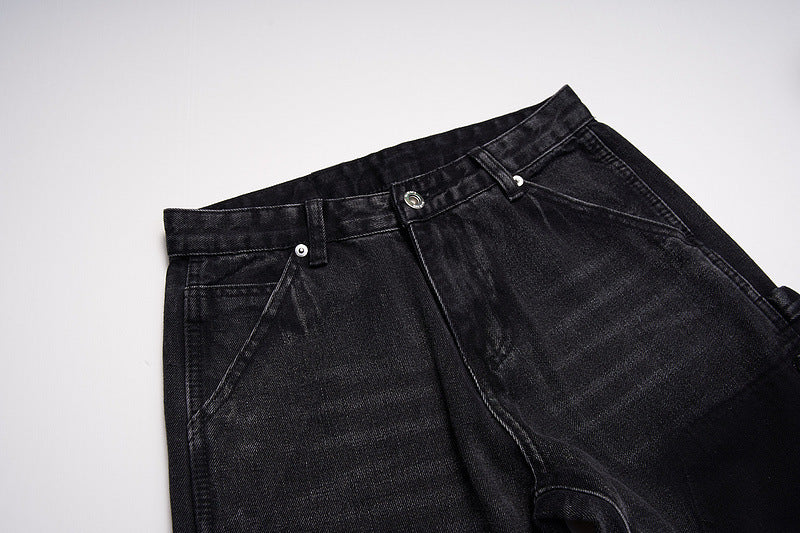 Men's Fashion High Street Stitching Deconstruction Retro Black Slightly Flared Loose Jeans