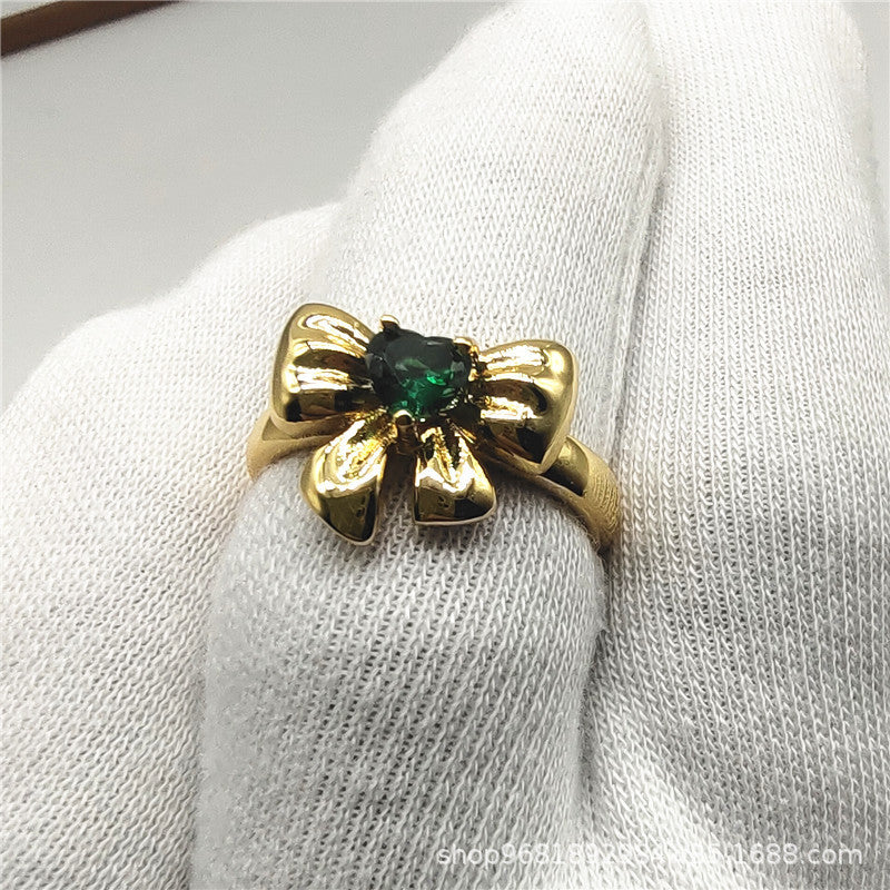 Emerald Heart-shaped Zircon Bow Adjustable Light Luxury Ring