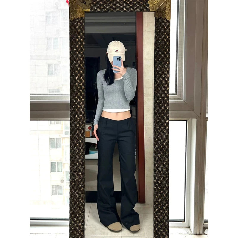 New Black Low Waist Slightly Flared Suit Pants Women's Slim Fit Drape