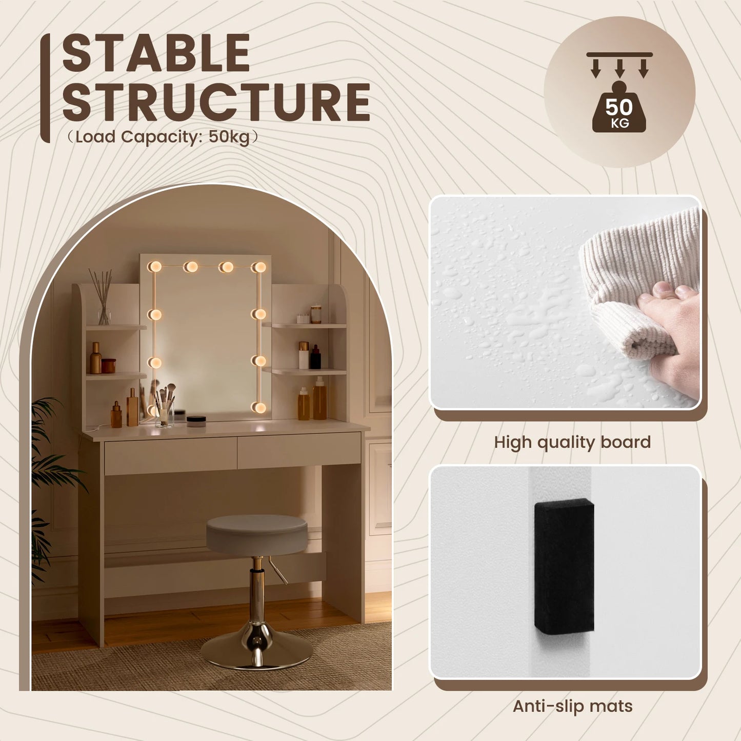 White Vanity Dressing Table with LED Lighting Stool Height-Adjustable Chair Girls Women Makeup Cosmetic Table for Bedroom Gift