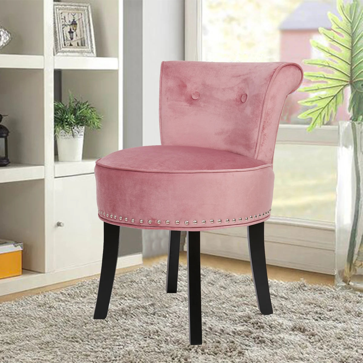 Vanity Stool Chair Makeup with Upholstered Round Velvet Padded Chair with Wood Legs Grey Pink