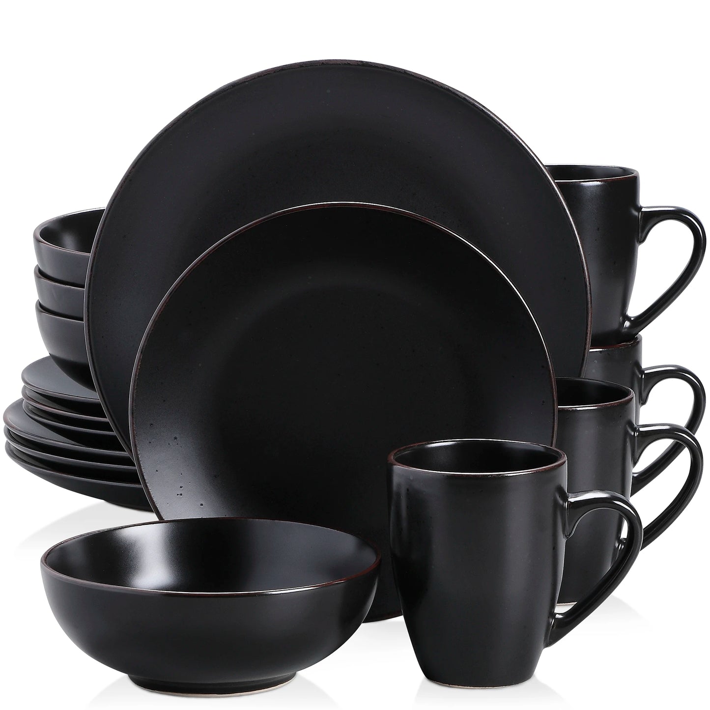 vancasso 16/32 Piece Matte Pottery Dinner Set Black Stoneware Tableware Set with 4PCS Dinner Plate,Dessert Plate,Bowls,Cups