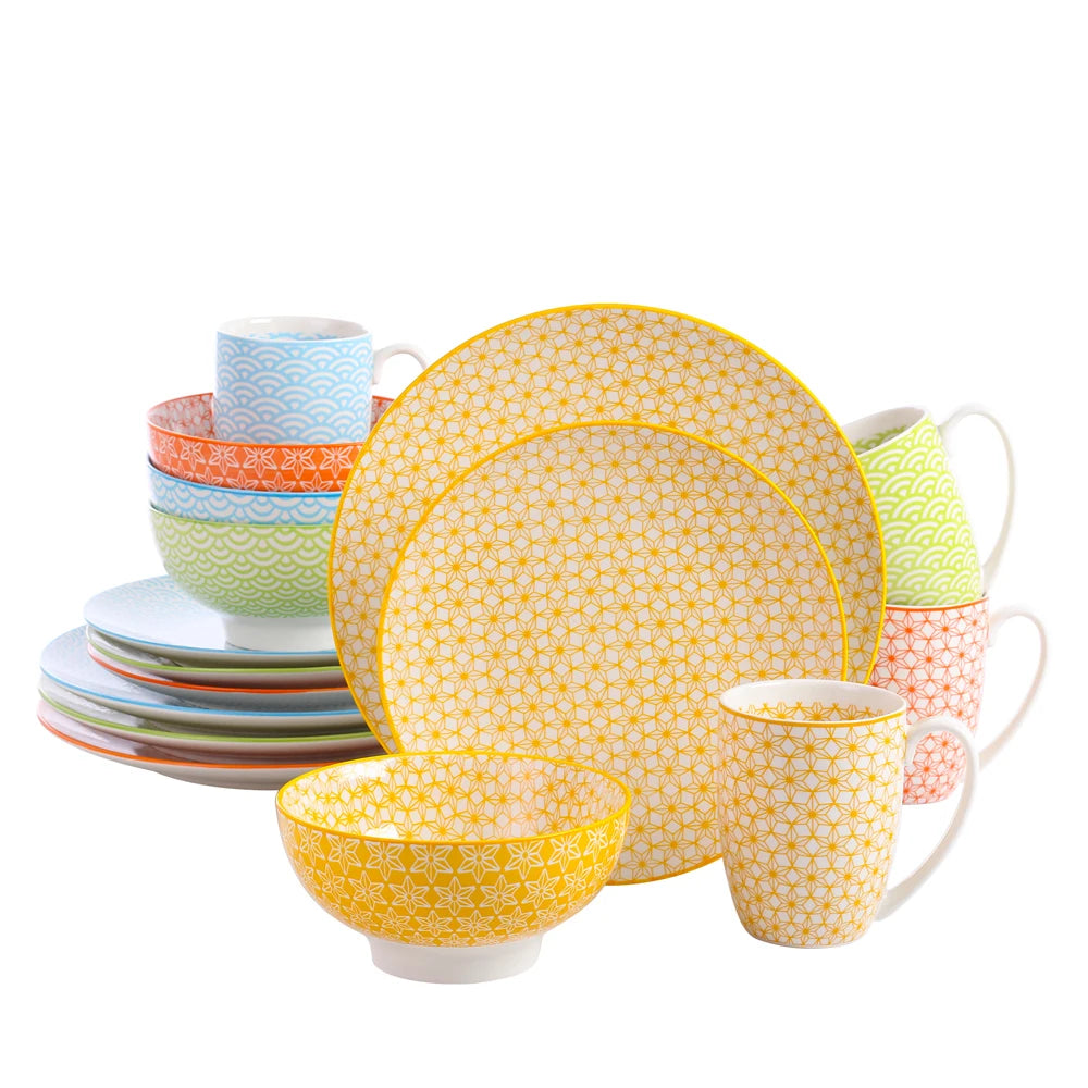 Vancasso Natsuki 16/32/48-Pieces Porcelain Multi-Colour Japanese-style Dinnerware Set with 4*Dinner Plate,Dessert Plate,Bowl,Mug