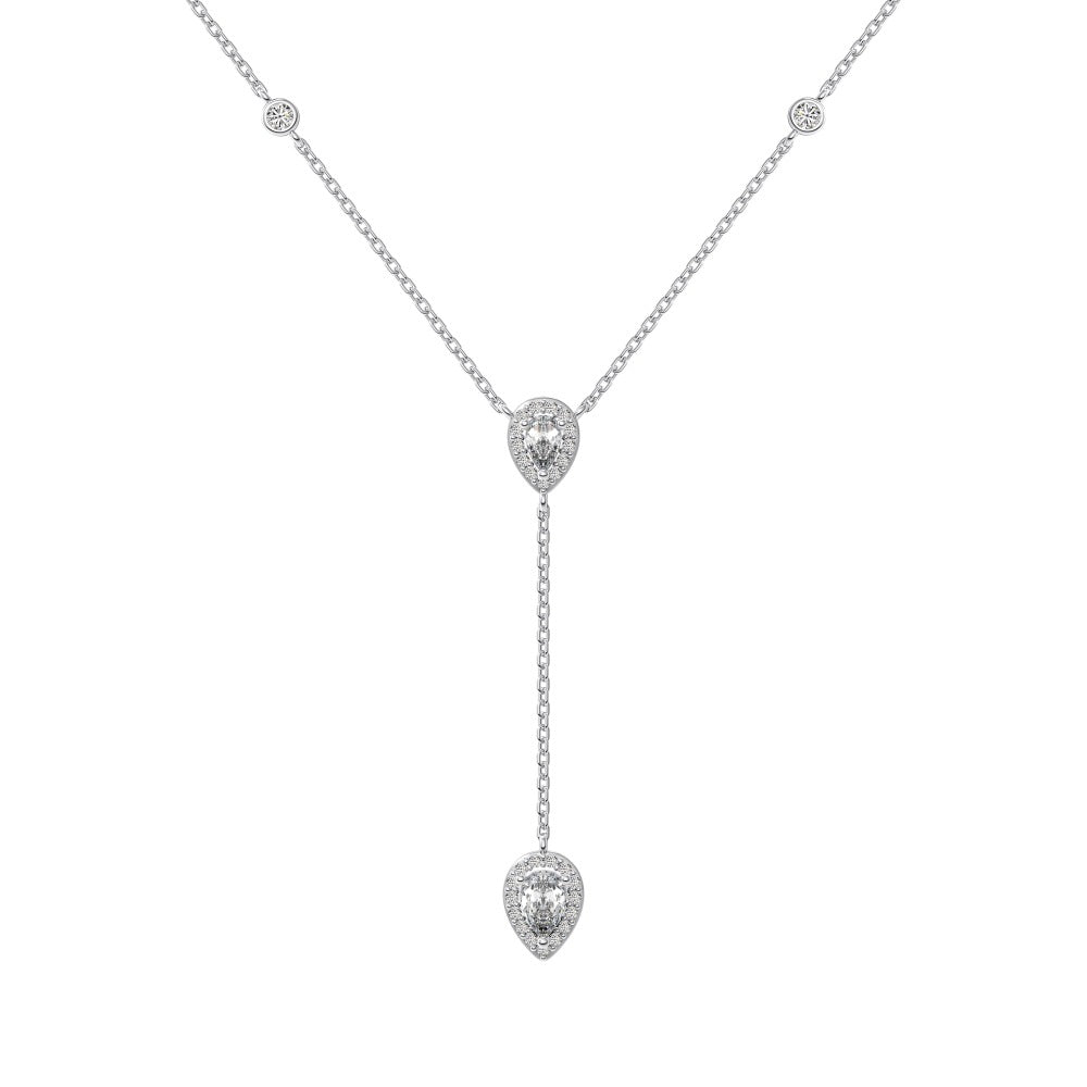 Silver S925 White Pear-shaped Water Drop Round Zirconium Inlaid Exquisite Design Clavicle Chain Necklace