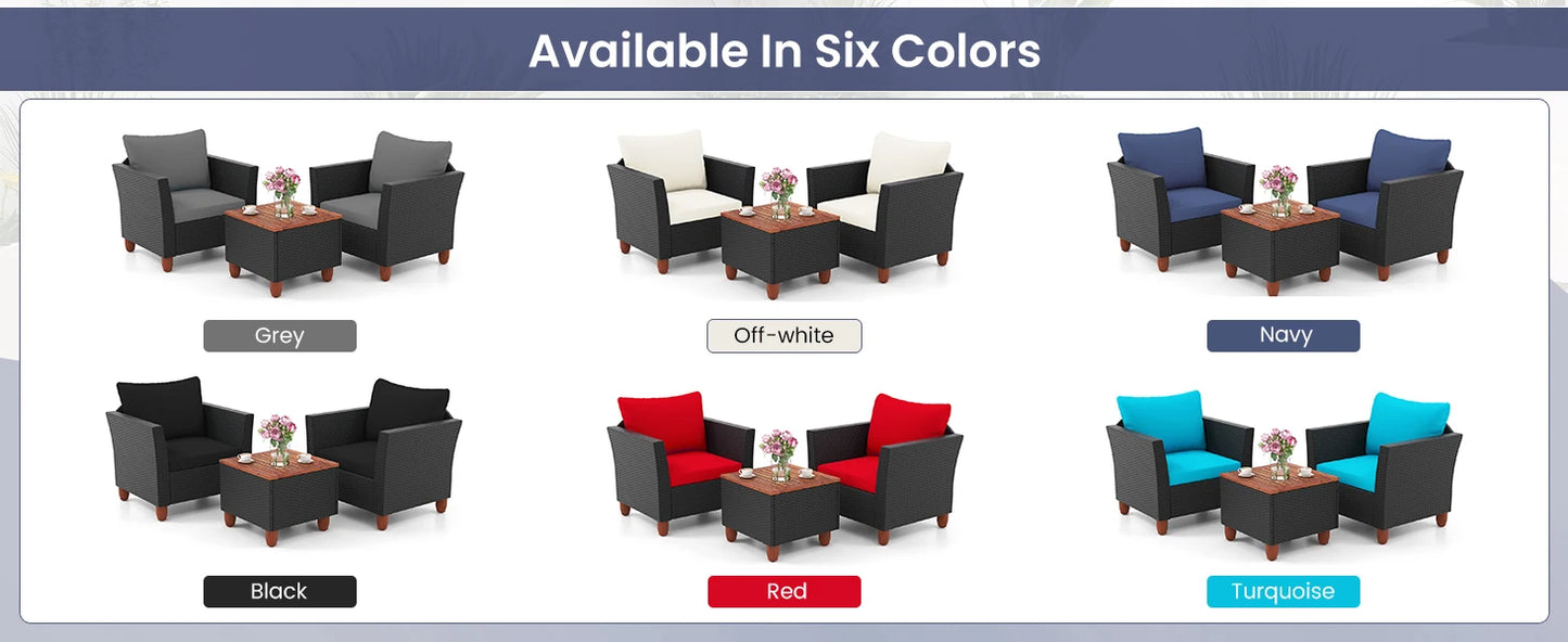 GOFLAME 3 Piece Patio Wicker Sofa Set, Outdoor Rattan Furniture Set W/ Acacia Wood Tabletop & Legs
