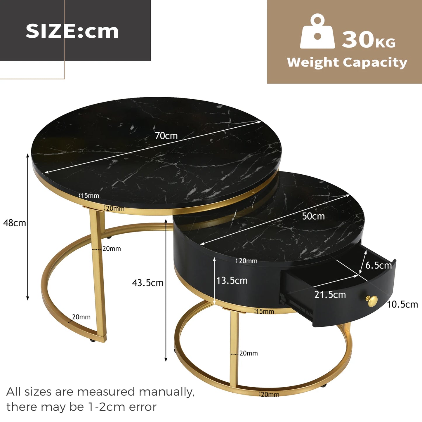 2pcs End Table, Nesting Tables with Storage Gold Metal Frame Legs and Marble Pattern Top, Round Coffee Tables with Drawer