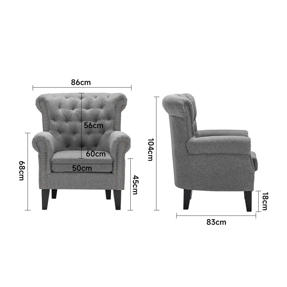 Dark Grey Linen Chesterfield Thick Cushion Armchair Living Room Furniture Lounge Chair