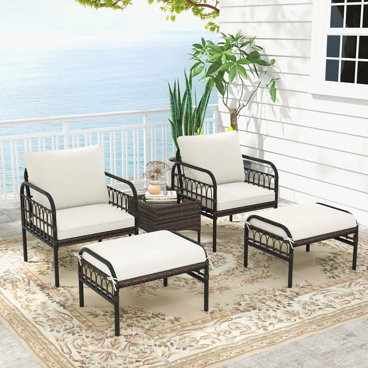 GOFLAME 5 Piece Patio Conversation Set Outdoor Wicker Chair Set w/ Ottomans