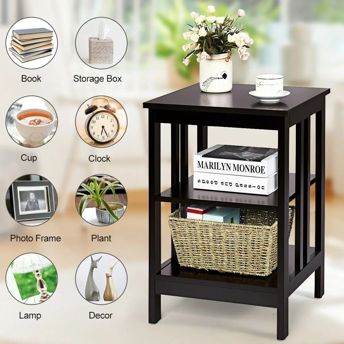 GOFLAME 3-Tier Nightstand Wooden End Table Sofa Bed Side Table Storage Display Stand