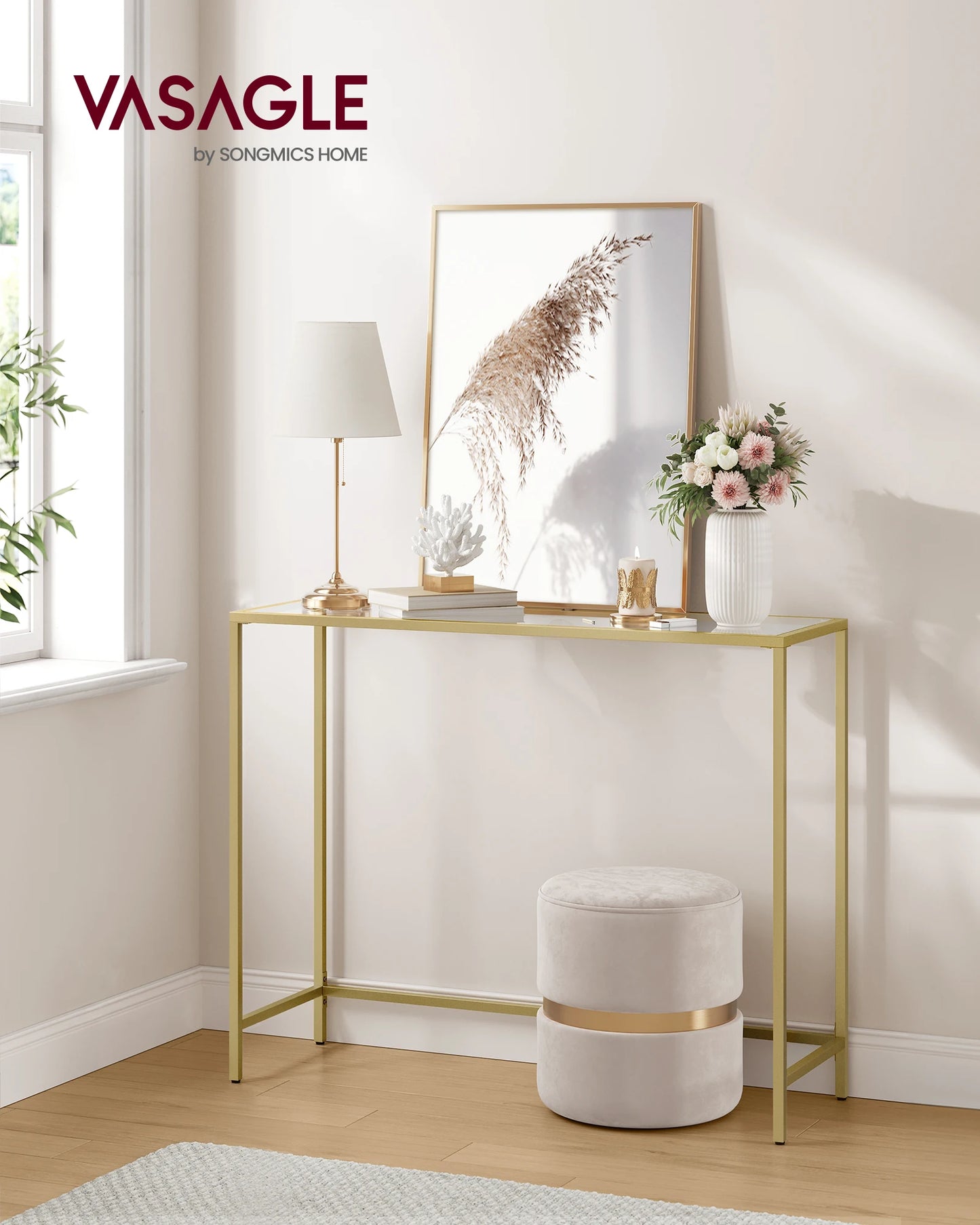 VASAGLE Console Table, Entry Table, Sofa End Table, Tempered Glass Table Top, Metal Frame, Heavy Duty, Adjustable Legs