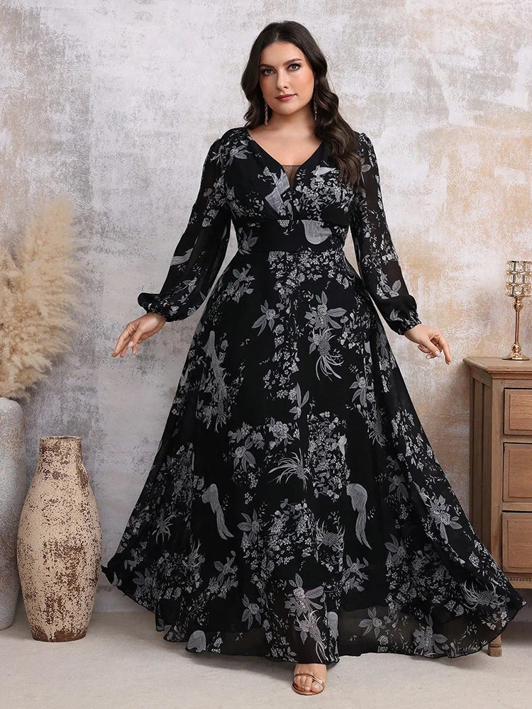 TOLEEN Women Plus Size V-Neck Lace Mesh Formal Party Evening Long Dresses Luxury Elegant Floral Print Lantern Sleeve Maxi Dress