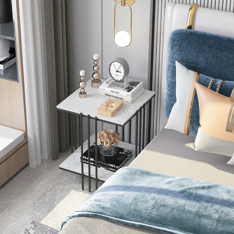 LUVODI Modern 2-tier Square Marble Side Table for Living Room Sofa Side Coffee Table with Gold n Black Metal Frame