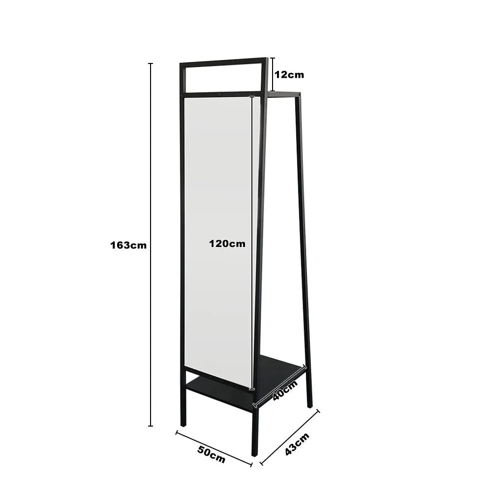 Black Metal Floor Mirror with Coat Rack For Bedroom Office 43cm W x 50cm D x 163cm H