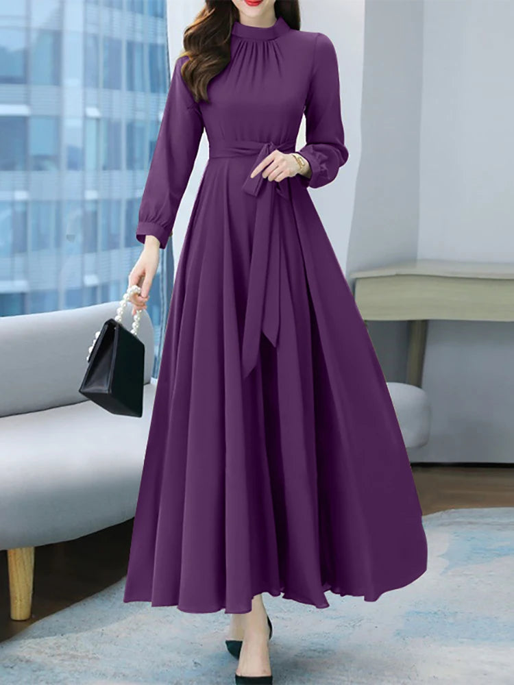 ZANZEA Women Long Sleeve A-line Sundress Fashion Long Dress Autumn Solid Party Holiday Maxi Dresses Vestidos Femme Vintage Robe