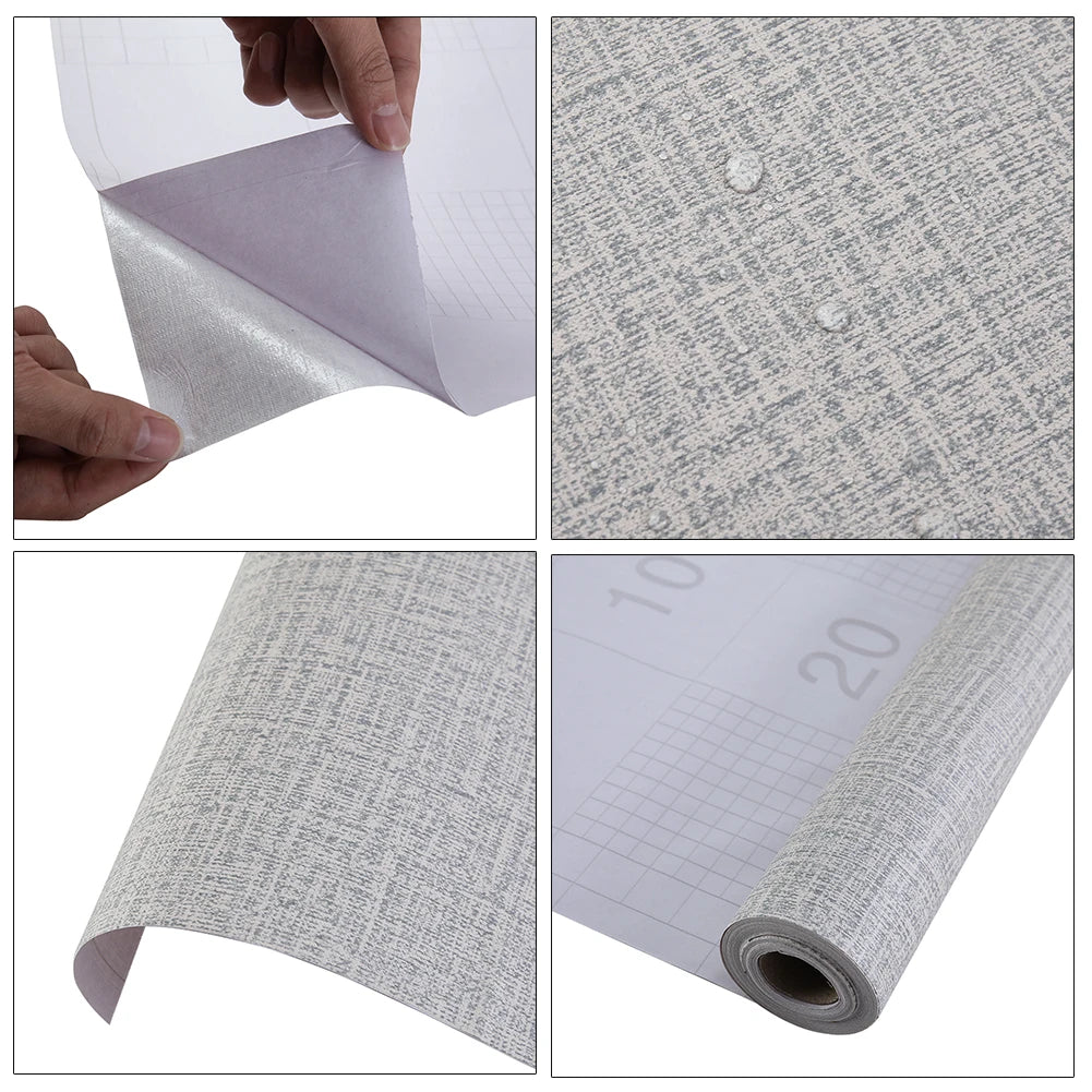 Grey Linen Textured PVC Self-adhesive Wallpaper, Waterproof and Moisture-resistant, 1000cm L x 45cm W