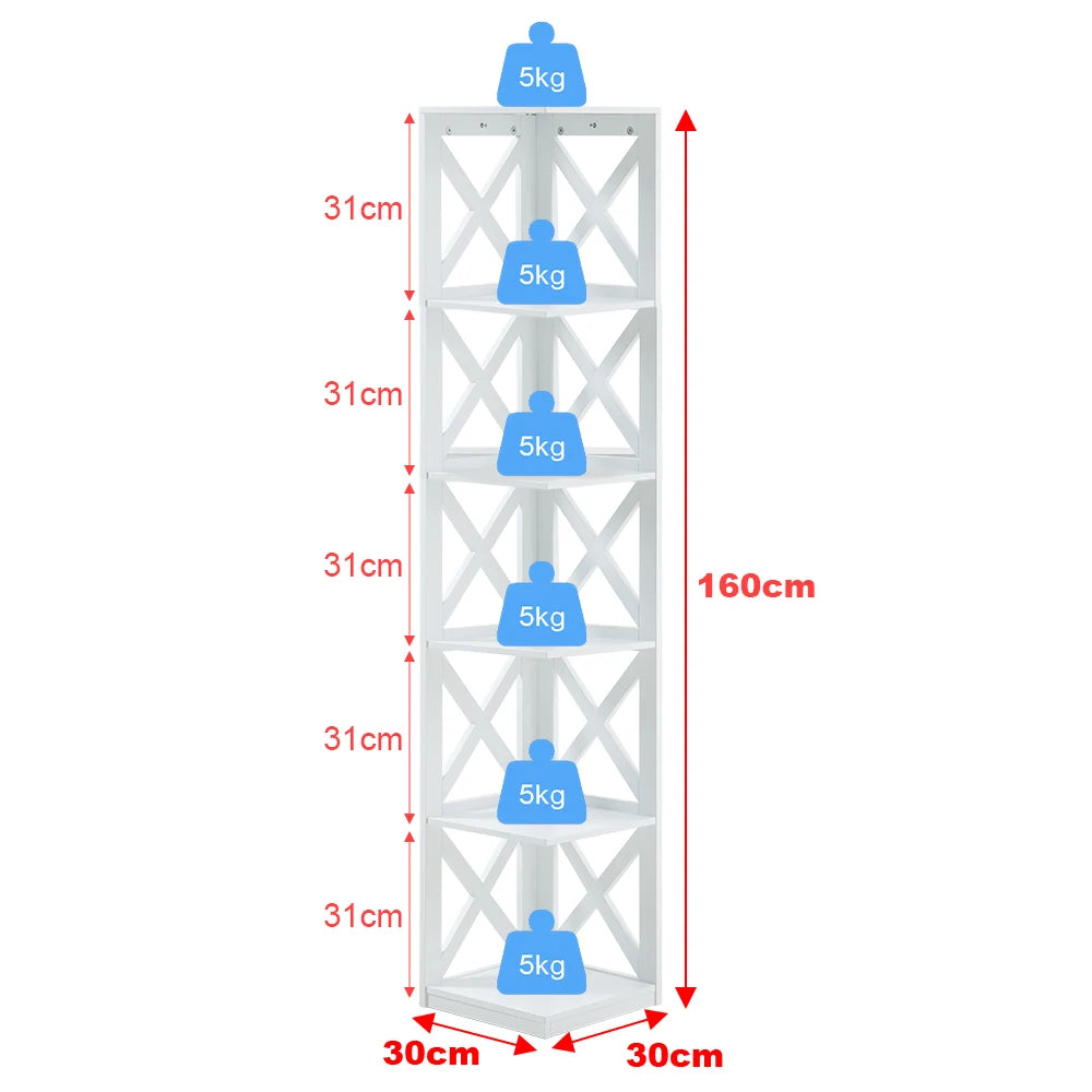 5 Tier Modern Wood Corner Standing Shelf for Living Room, White