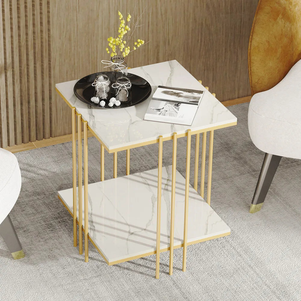 LUVODI Modern 2-tier Square Marble Side Table for Living Room Sofa Side Coffee Table with Gold n Black Metal Frame
