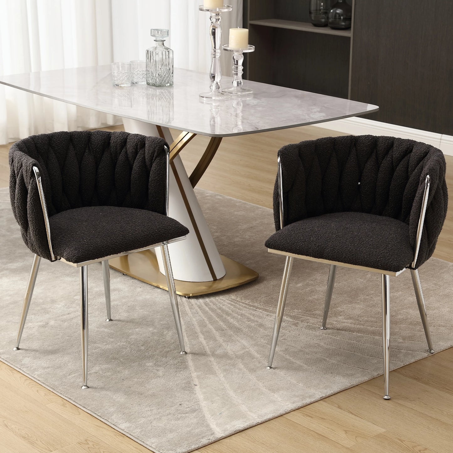 Modern Hand Weaving Dining Chairs Set of 2, Upholstered Side Chairs with Silver Legs and Armrest, Vanity Chairs for Dining Room