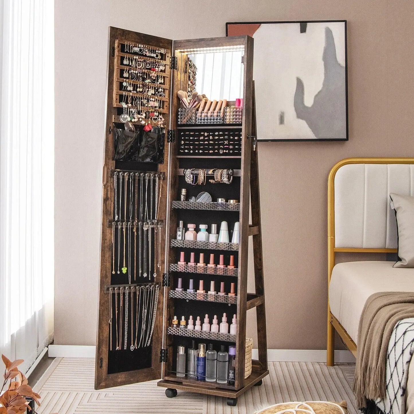 GOFLAME 360° Rotating Jewelry Armoire Full Length Mirrored Freestanding Makeup Cabinet