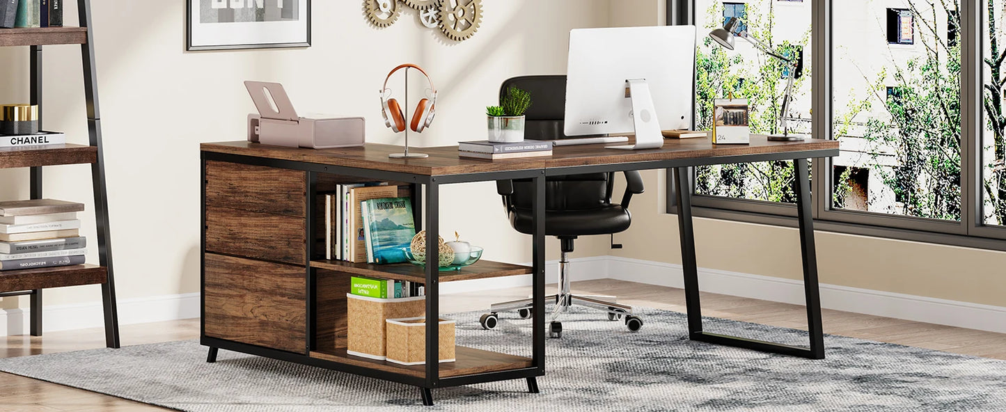 L-Shaped Computer Desk with 3 Drawers, Reversible Corner Home Office Desk with Shelves, 53-Inch Industrial PC Desk St
