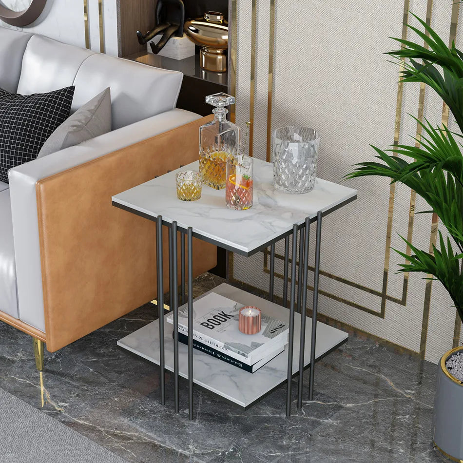 LUVODI Modern 2-tier Square Marble Side Table for Living Room Sofa Side Coffee Table with Gold n Black Metal Frame