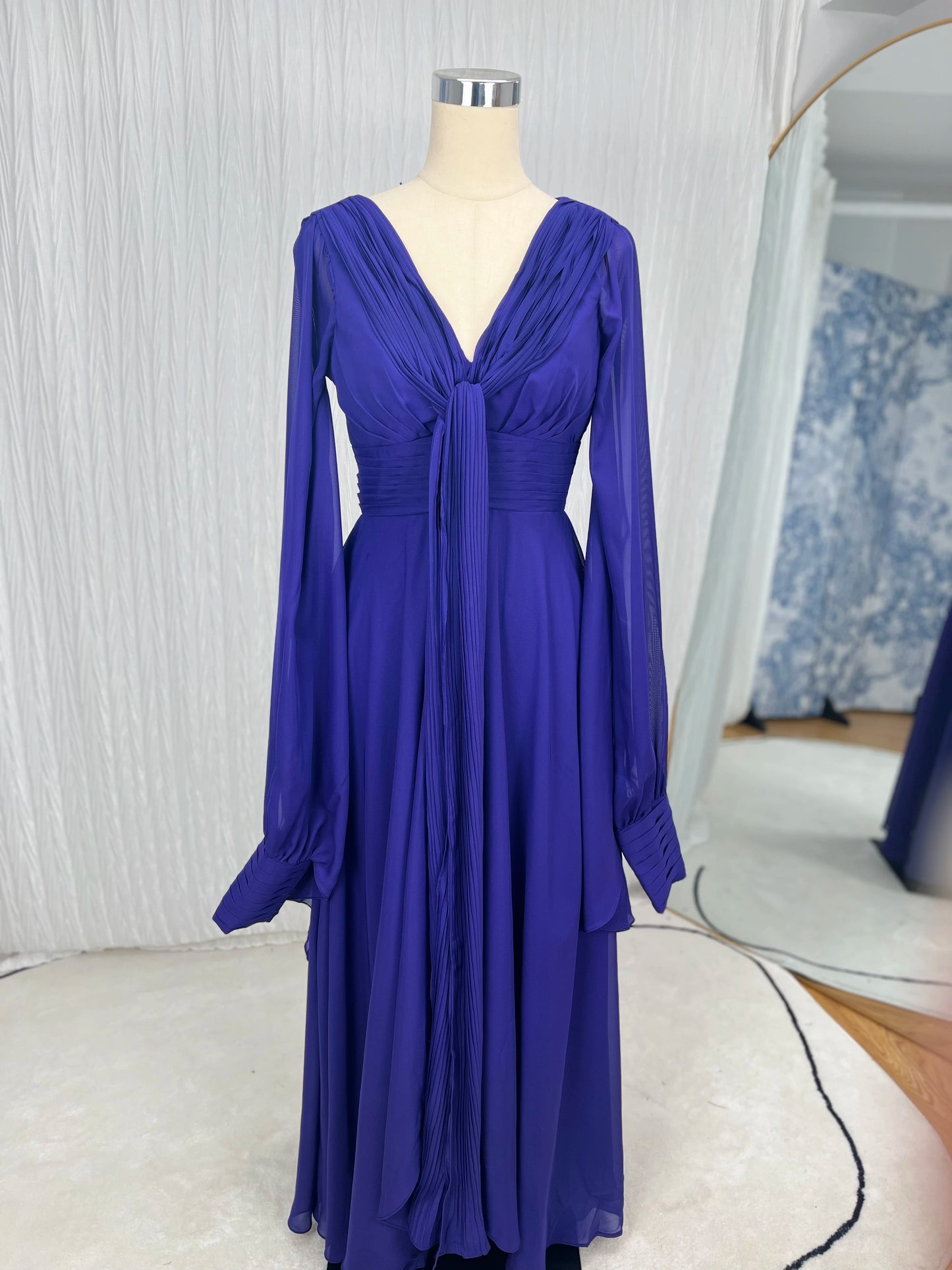 Aileen Modest Chiffon فساتين السهرة Green Prom Dresses Customized Muslim Trumpet Sleeve Vestidos De Noche Silk Chiffon Prom Gown