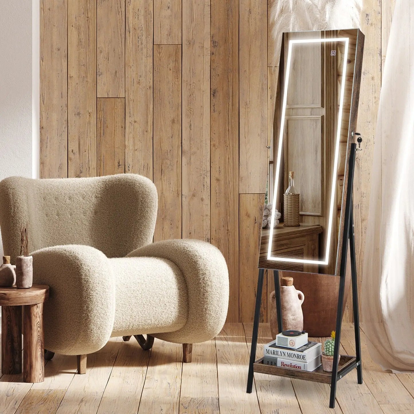 GOFLAME LED Standing Jewelry Mirror Cabinet 63"H Lockable Jewelry Armoire Organizer