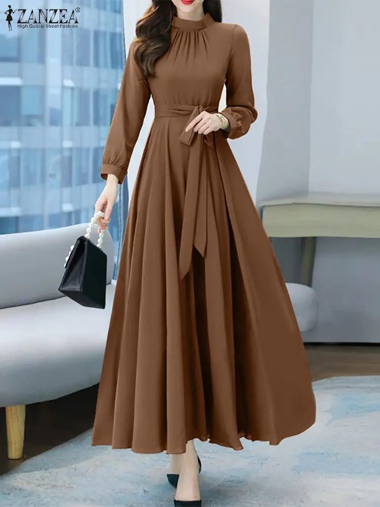 ZANZEA Women Long Sleeve A-line Sundress Fashion Long Dress Autumn Solid Party Holiday Maxi Dresses Vestidos Femme Vintage Robe