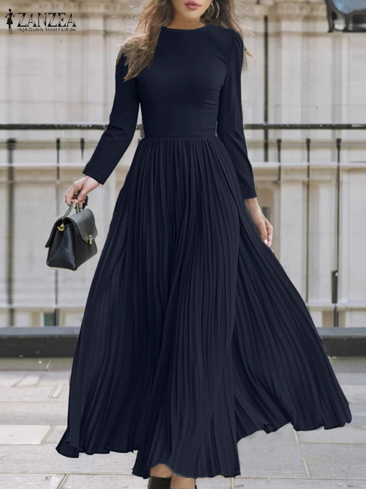 Autumn Pleated Sundress ZANZEA Spring Patchwork Maxi Dresses Women Long Sleeve Party Work Dress Fashion Casual Holiday Robe 2024
