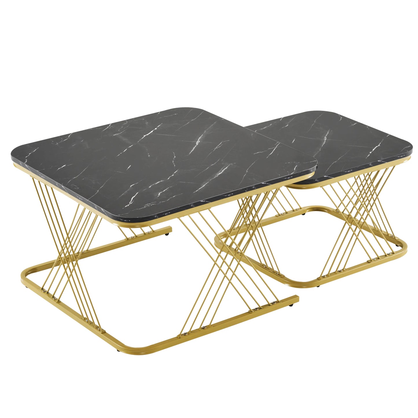 Nest of 2 Tables Square Coffee Table with Metal Frame and Marble Pattern Top, Multi-functional End Tables for Living Room & Home