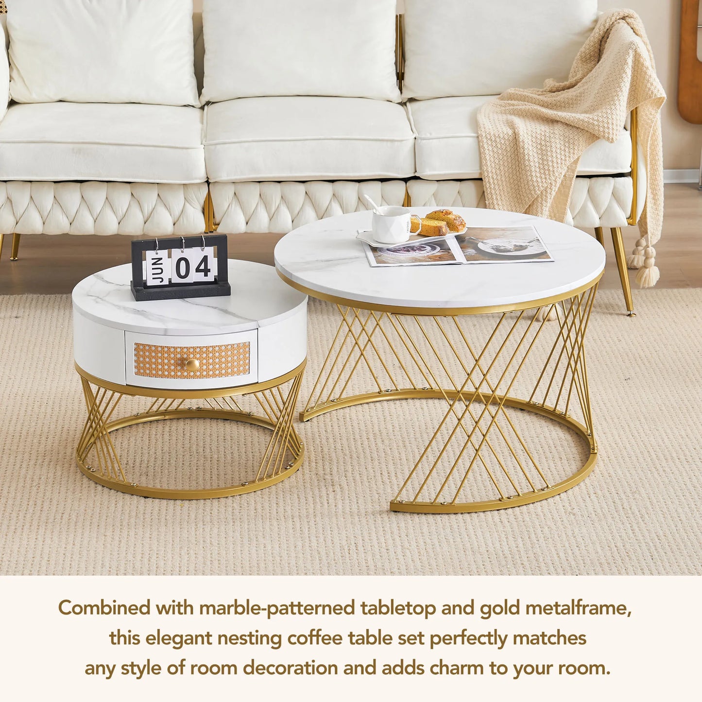 2-Piece Nesting Coffee Table Set with Rattan-Style Drawers, Gold Accents and Adjustable Height Footpads, Elegant Side Table