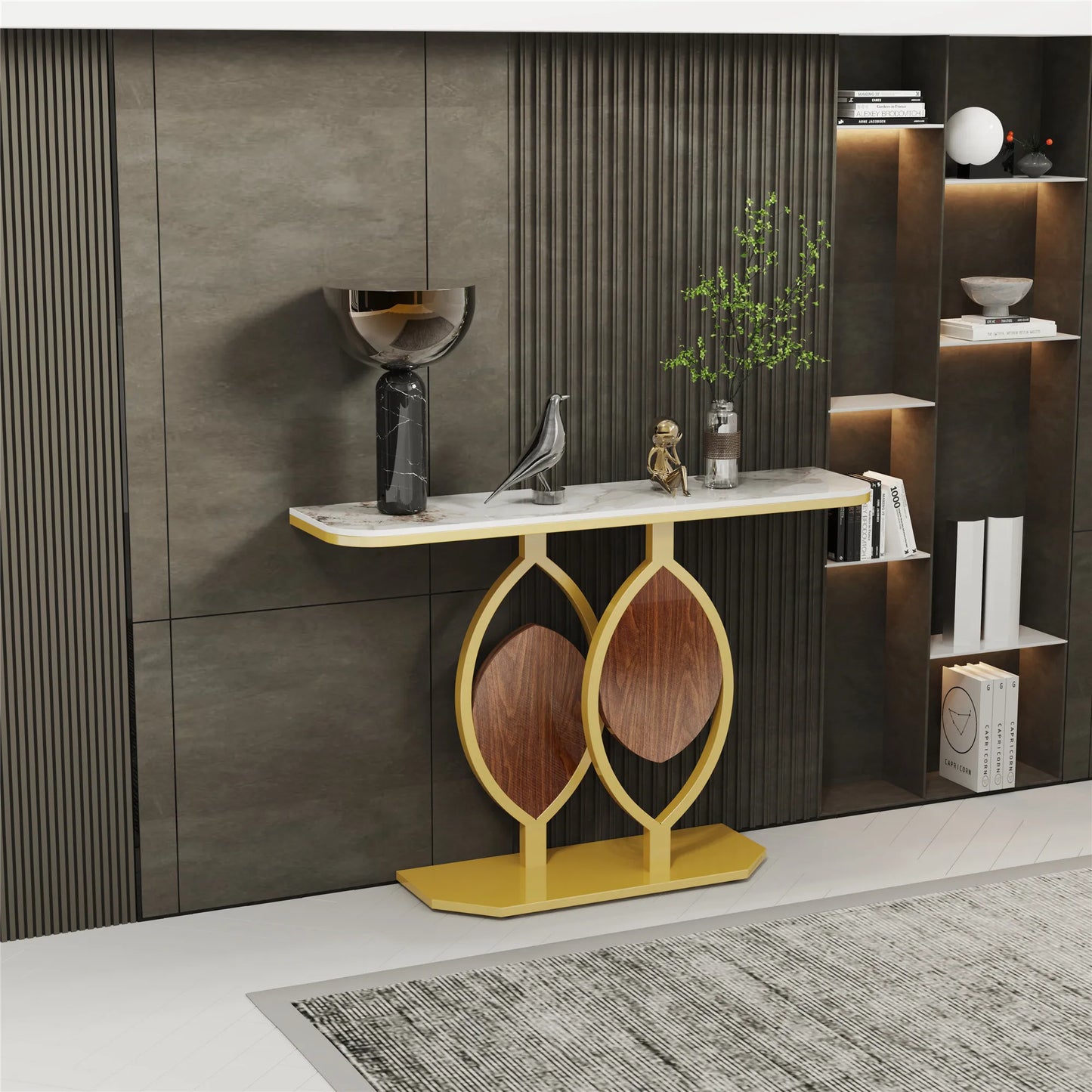 Modern Gold Console Table with Geometric Metal Base, Sintered Stone Narrow Entryway Table Foyer Table for Entrance, Living Room