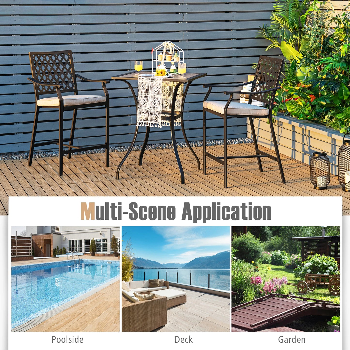 GOFLAME 3 Piece Patio Bar Bistro Set, Outdoor Bar Height Stool & Table, Ergonomic Seat