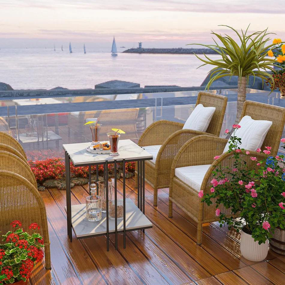 LUVODI Modern 2-tier Square Marble Side Table for Living Room Sofa Side Coffee Table with Gold n Black Metal Frame