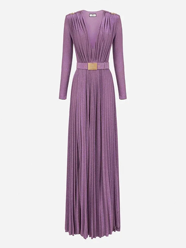 Tinaa Women Evening Dresses Belted Pleated Solid Color Split-side Long Sleeves Wrap V-neck Maxi Dresses for Ladies Party Dress