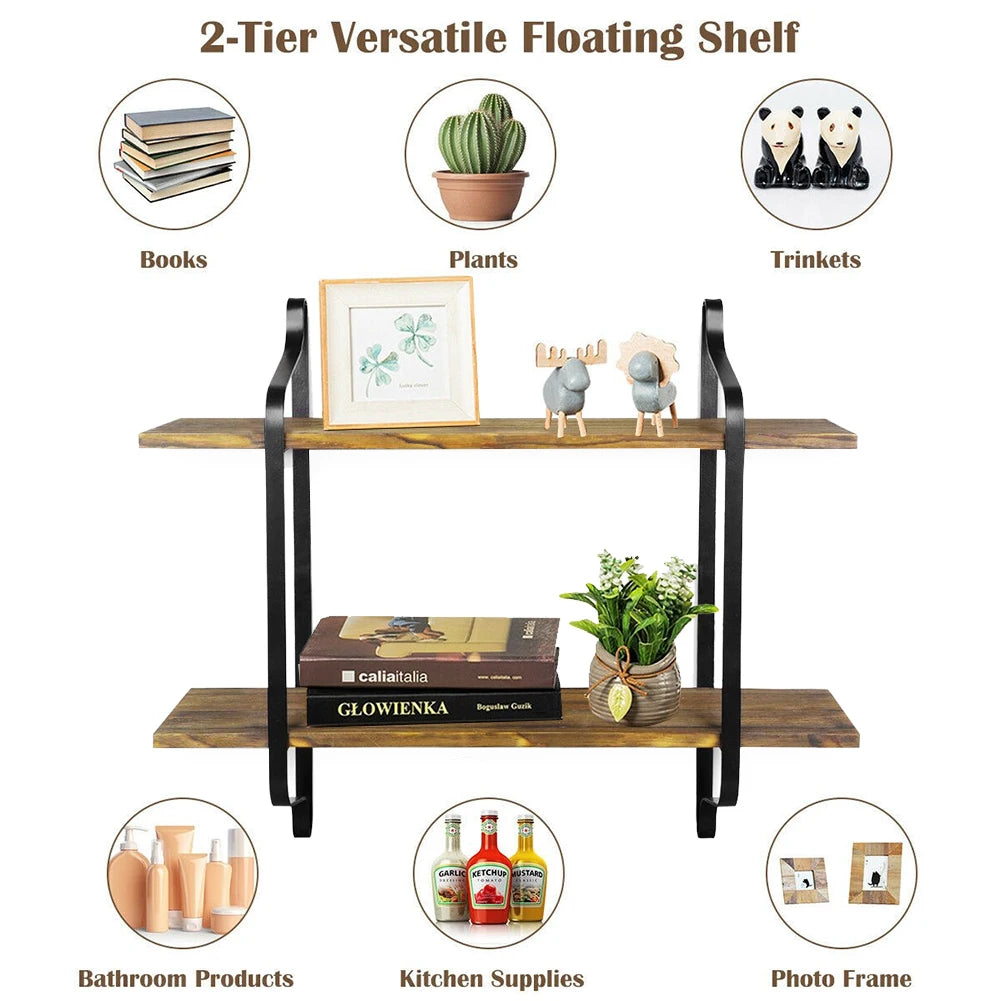 Livingandhome Industrial 2-Tier Home Decor Floating Wall Shelves