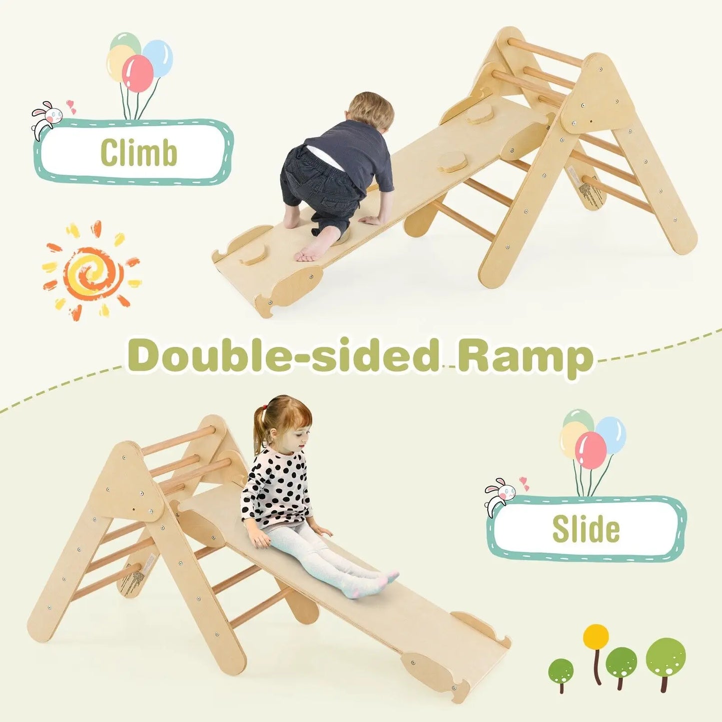 ERGOMASTER 3-In-1 Kids Climbing Triangle Set Wooden Triangle Climber Set Indoor & Outdoor