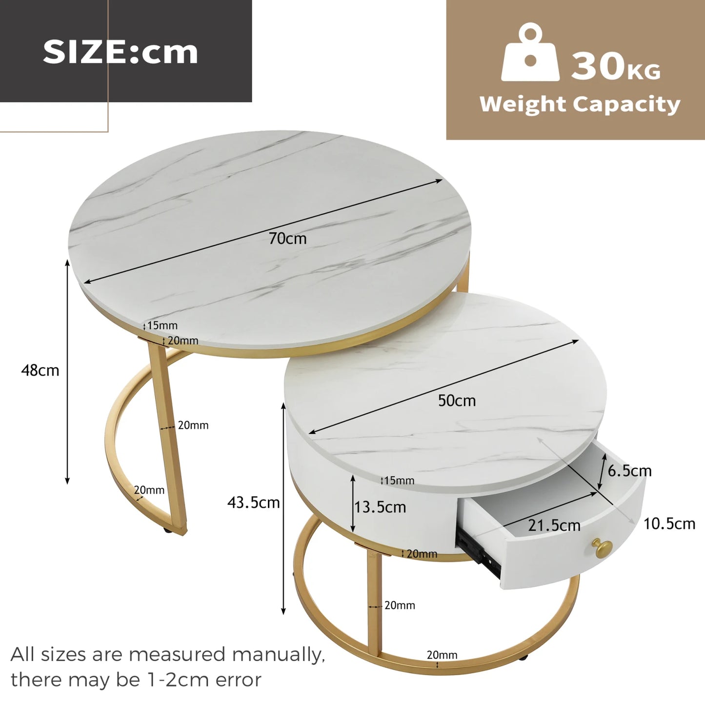2pcs End Table, Nesting Tables with Storage Gold Metal Frame Legs and Marble Pattern Top, Round Coffee Tables with Drawer