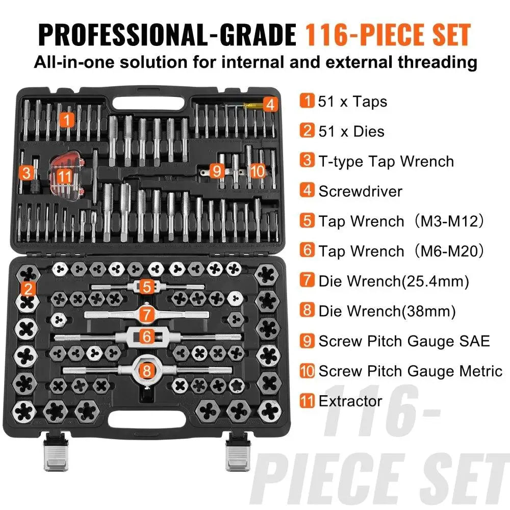 Tap and Die Set, 116-Piece Include Metric and SAE Size, Bearing Steel Taps and Dies, Essential Threading Tool for cutting
