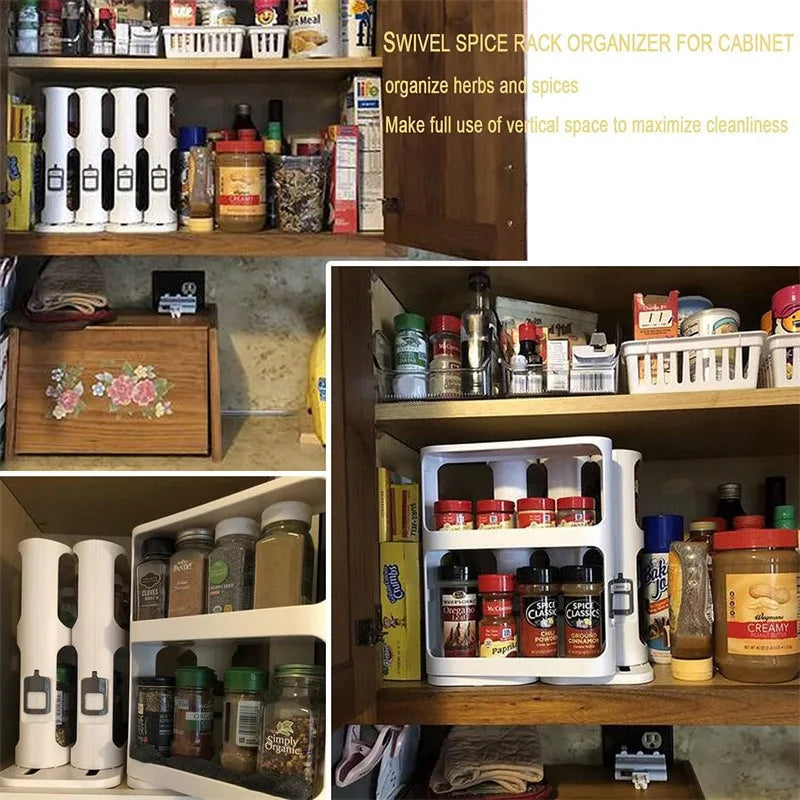 Cabinet Caddy Sliding Spice Rack Organizer for Cabinet Pull & Rotate Kitchen Organizers and Storage 2 Double-Decker Shelves