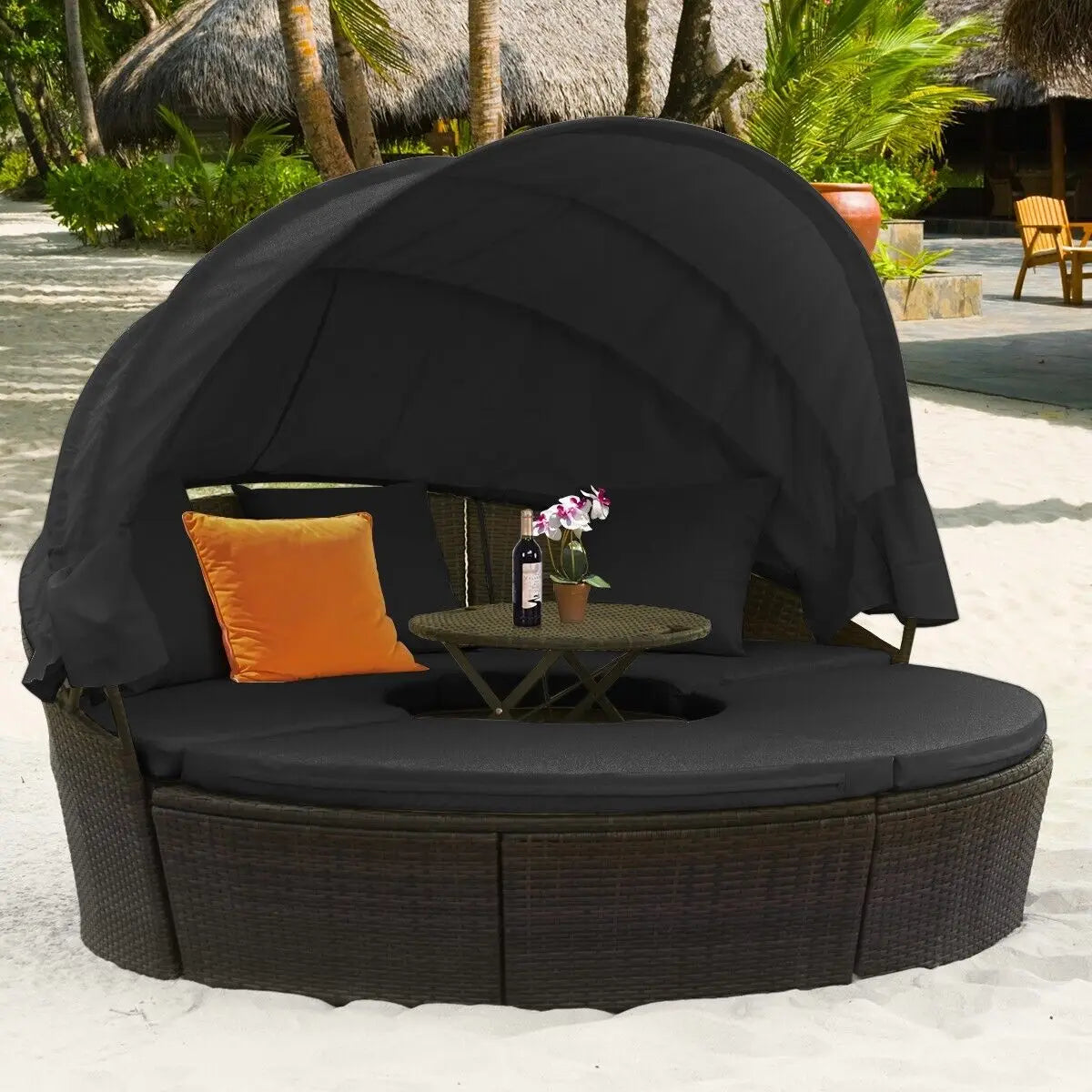 GOFLAME Outdoor Wicker Daybed, Patio Round Sectional Furniture Set with Adjustable Table, Retractable Canopy & Cushion