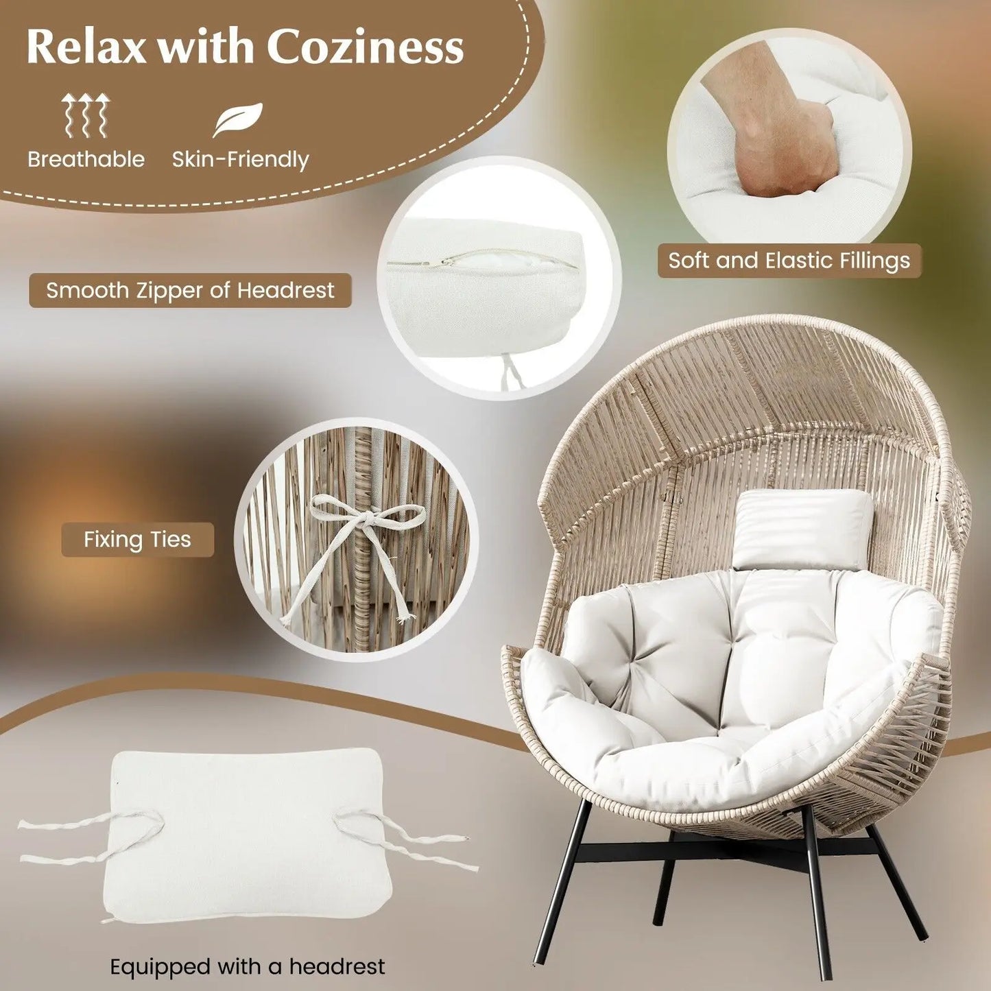 GOFLAME Oversized Egg Style Chair Wicker Stationary Patio Egg Chair w/ Cushions