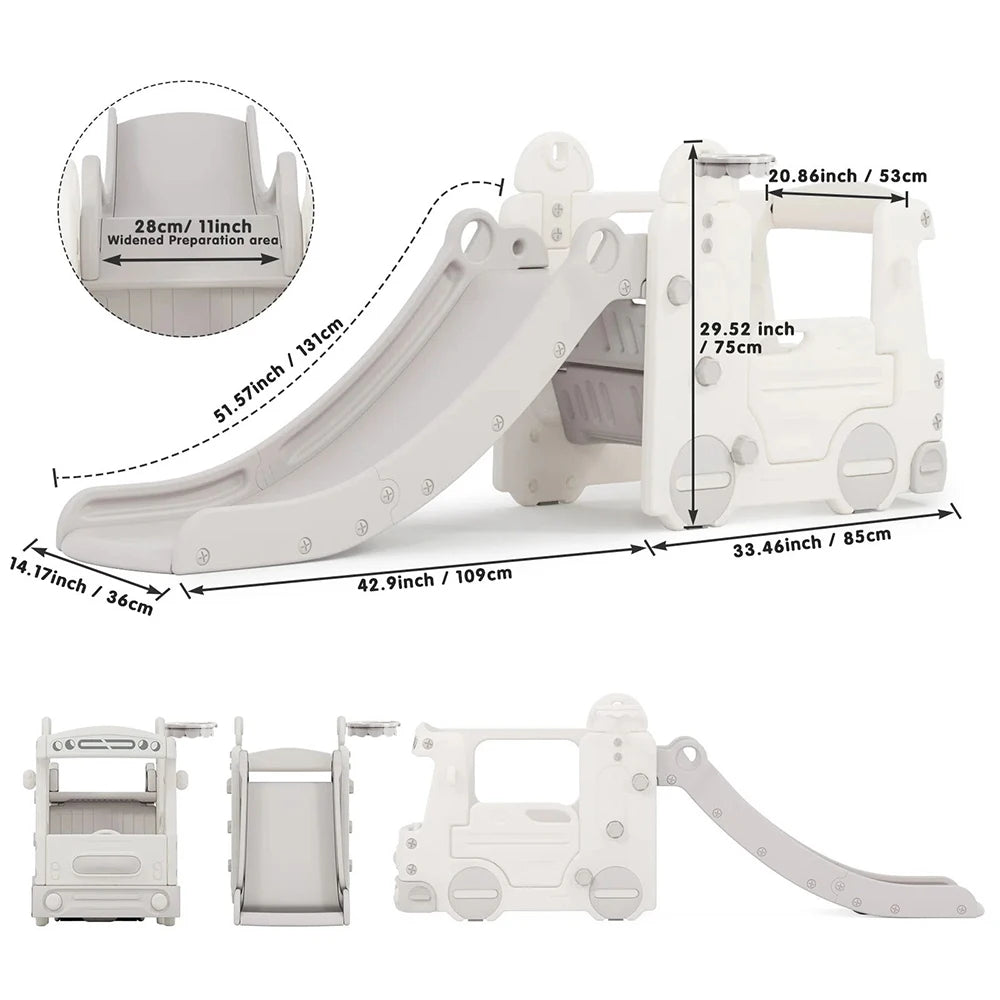 2 in 1 Kids Home Multi Functional Slide with Bus for Kids Age 1-3, 196cm Grey and White