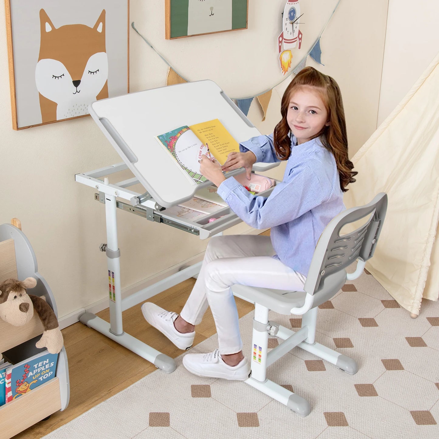 GOFLAME Kids Desk & Chair Set, Height Adjustable Study Table with Tilting Tabletop, Large Pull-out Drawer & Metal Hook