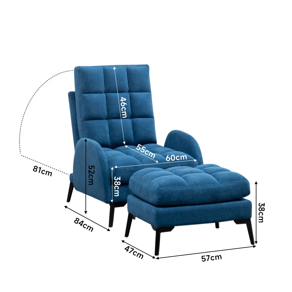 Blue Frosted Velvet Recliner Armchair with Thickened Footstool Living Room Furniture Lounge Chair Sofa