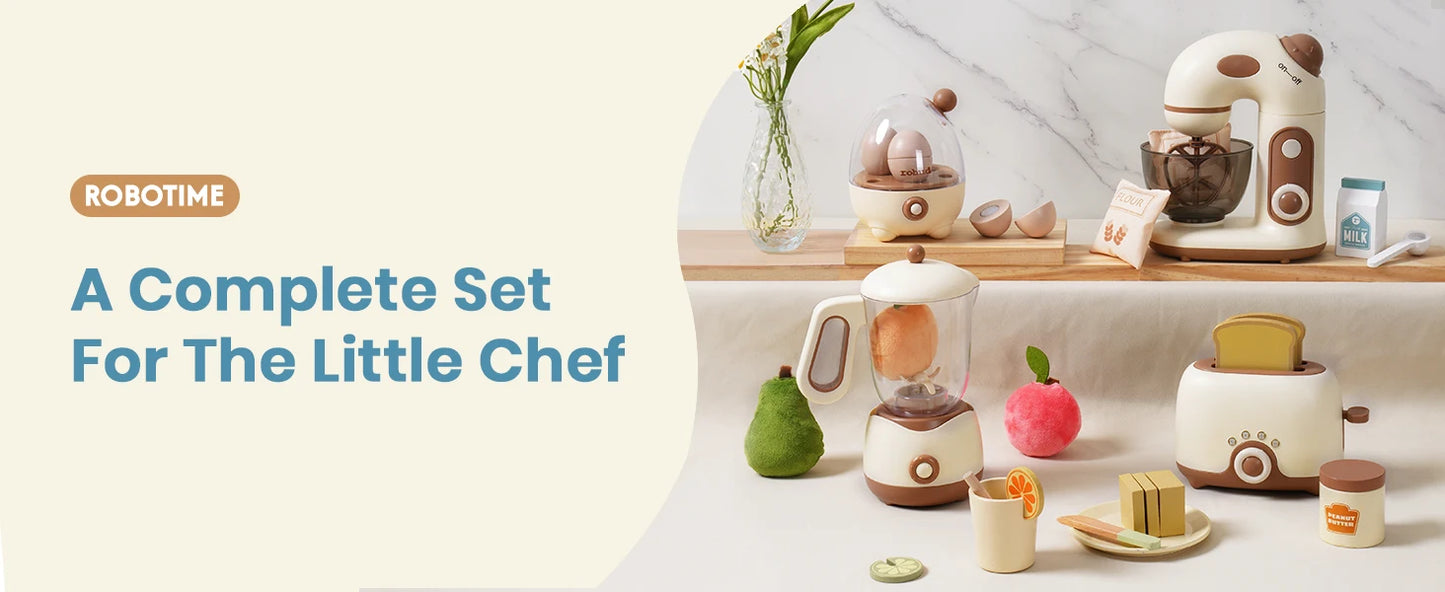 Robotime Robud Kids Toy Kitchen Set Wooden Play Kitchen Appliances with Toaster Mixer Blender kitchen Playset for kids 4-Set