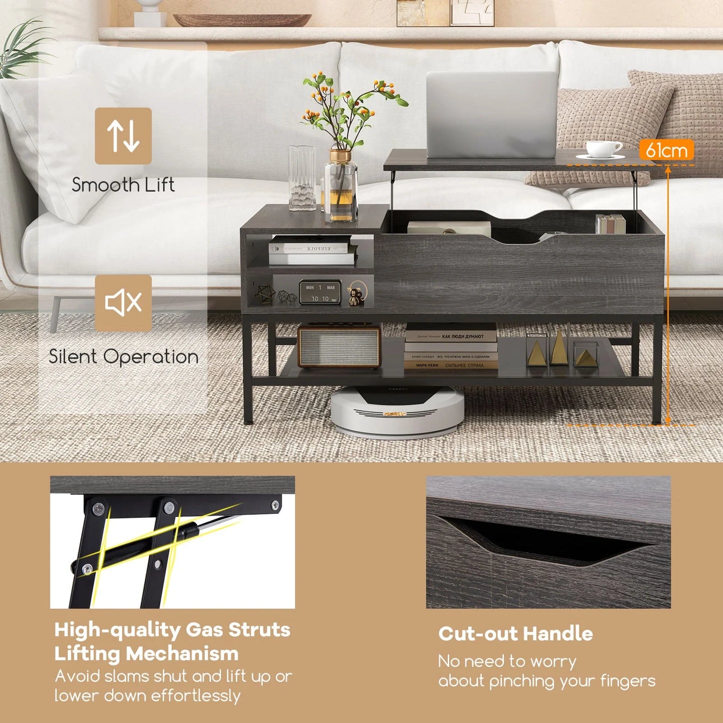 GOFLAME Lift Top Coffee Table Living Room Table w/ Storage Shelf-Grey
